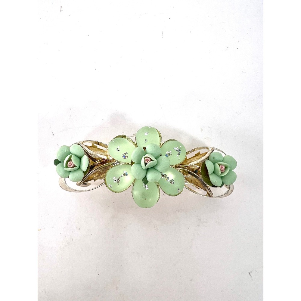 Vintage Gold Tone Mint Green Floral Hair Barrette French Clip Glitter Rose 3.5"